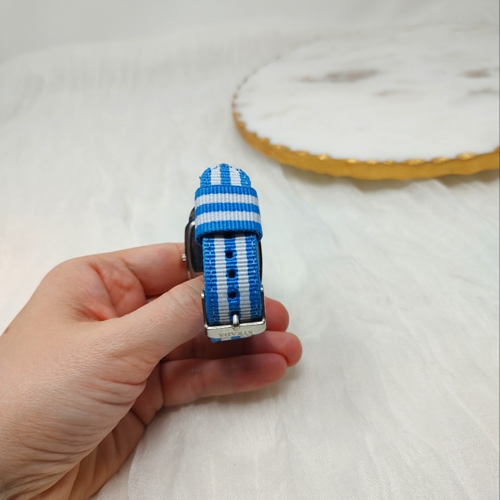 Strada blue and white striped fabric band watch silver tone frame around face - Picture 5 of 8